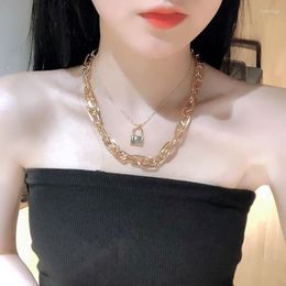 Pendant Necklaces Double Layered Lock Core Necklace Fashionable Temperament All-match Short Ring Clavicle Chain Hip-hop For Women
