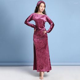 Stage Wear Winter Class Women Belly Dance Outfit Velvet Stretchy Long Dress 3pcs Costume Set (Dress Belt And Headband)