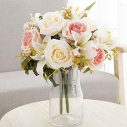 Decorative Flowers Autumn Artificial Wedding Scene Decoration Roses Valentine's Day Gift Lily Fake Silk Bouquet Home Table Plant