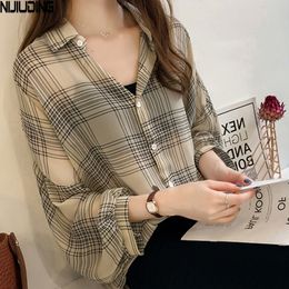 Women's Blouses Shirts NIJIUDING Blouses for Women Spring Autumn Plaid Loose Long Sleeve Single-breasted Cardigan Shirts Tops Female Plus Size 4XL 230317
