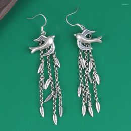 Dangle Earrings Real Pure S925 Sterling Silver Women Swallow Bird Tassel Leaf 10g