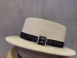 New Summer Letter Rhinestone Flat Top Fine Paper Braid Sun Hat Trendy Top Hat Straw Hat