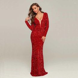 Casual Dresses Wholesale Women Black Red Sequins Long Sleeve V-Neck Sexy Evening Wear Celebrity Cocktail Party Dress