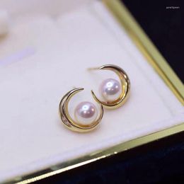 Stud Earrings Sea Pearl Diamond 18K Solid Yellow Gold (AU750) Women Fashion Lady Jewelry Girl Natural Akoya Seawater