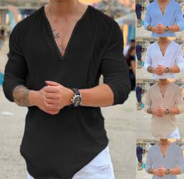 Spring Mens T-shirt V-neck Long Sleeve Sold Colour Top Tee Fashion Casual Pullover T Shirt For Men Streetwear