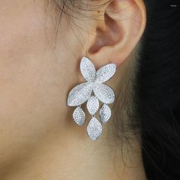 Dangle Earrings High Quality Iced Out Luxury Bling Cz Fashion Women Jewelry Micro Pave 5A Big Flower Charm Drip Leaf