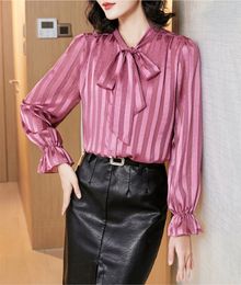 Women's Blouses Shirts Korean Womens Vintage Spring Striped Chiffon Blouses Office Lady Lace-up Bow Blouse Long Sleeve Plus Size Shirts Tops Blusas 230317