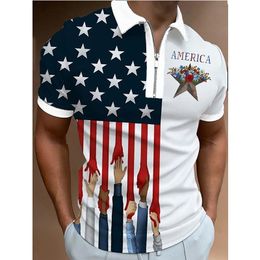 Men's Polos Summer Clothing Shirts Streetwear Flag Print Casual Short Sleeve Tee Shirt Men Turn-Down Collar Zipper Prom Tops 230317