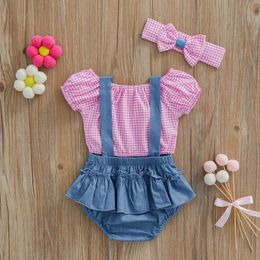 Clothing Sets Baby Girl Summer Clothes Set Fashion Newborn Infant Plaid Short Sleeve Crop Tops Denim Romper Headband 3Pcs For Toddler Outfits