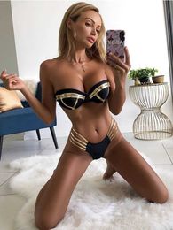 Bikinis set Black Bandage Swimsuit 2021 Sexy Brazilian Bikini Push Up Swimwear Women Micro Bikinis Plus Size Beachwear Shiny Gold Beachwear P230316