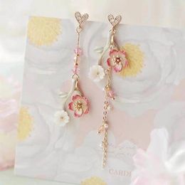 Dangle Earrings Korean Romantic Cherry Blossoms Flower For Women Fashion Long Tassel Asymmetrical Earring Girl Sweet Jewelry