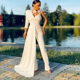 Party Dresses Long Sleeve Evening Jumpsuit With Side Train 2023 Lace Stain V-neck Ankle-length Vestidos De Novia Prom Dress Pant Suit