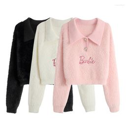 Women's Sweaters POLO Collar Embroidery Letter Solid Fleece Shirt Sweater Womens Spring Autumn College Style Vintage Long-sleeved Pullover