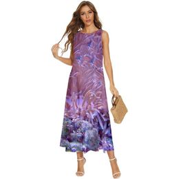 Casual Dresses Spring Summer Women Beach Long Dress Coral Printed Sleeveless Pocket Clothing Holiday VestidoCasual