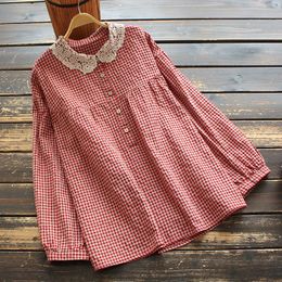 Women's Blouses Shirts 8289 Autumn Women Blouse Japan Style Mori Girl Literary Plaid Lace Turndown Collar Long Sleeve Cotton Linen Shirt Tops 230317