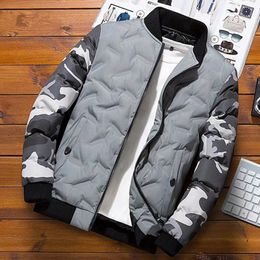 Men's Jackets Men Winter Baseball Jacket Camouflage Patchwork Cotton Coats Slim Fit College Warm Stand Collar Outwear Coat MY209 230317