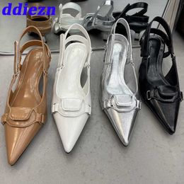 Ladies Low High Heels Shoes Slingbacks Summer Female Shallow Fashion Pointed Toe Pumps Sandals for Women Heels Shoes 2023 Luxury 0316