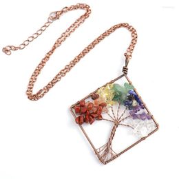 Chains Wholesale Fashion Bronze Hand-made Tree Of Life Pendant Square Seven Chakra Natural Crystal Necklace For Women N09