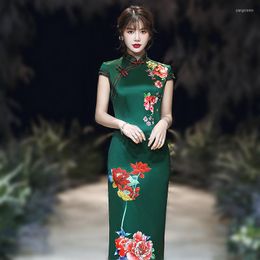 Ethnic Clothing Plus Size S-5XL Women Traditioonal Chinese Dress Red Lotus Flower Elegant Dark Green Silk Cheongsam Slim Long Qipao 4XL 3XL