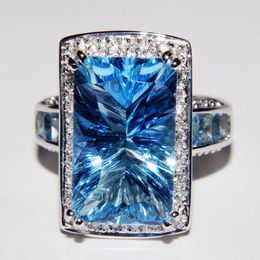 Vintage Aquamarine Zircon Finger Ring White Gold Filled Party Wedding band Rings for Women Bridal Engagement Jewelry Gift