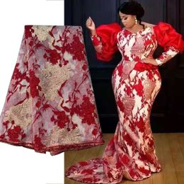 New In South African Mermaid Prom Dress Elegant Red Plus Size Evening Gowns Long Sleeves Jacquard French Tulle Lace Formal Dress Robes De Bal Women Graduation Dresses