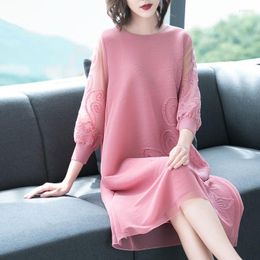 Casual Dresses For Women 2023 Spring Autumn Red Pink Dress Beaded Embroidered Large Midi Loose Elegant Women's