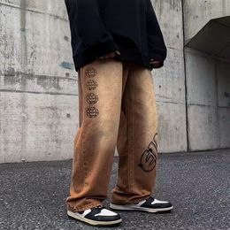 Men's Pants Fashion Letter Graffiti Brown Hip Hop Men Baggy Jeans Y2K Clothes Straight Vintage Denim Trousers Pantalon Homme 230317