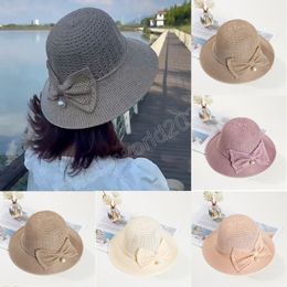 Fashion Women Straw Hat Wide Brim Sun Hats Protection Cap Ladies Panama Caps Outdoor Bowknot Girls Summer Large Brim Hats