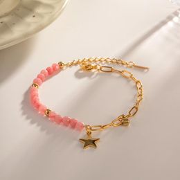 Charm Bracelets Minar Cute Pink Colour Natural Stone Star Women 18K Gold Plating Stainless Steel Asymmetry Link Chain Bracelet