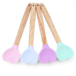 Dinnerware Sets Solid Colour Heart Type Silicone Mixing Spoon Wooden Non-stick Insulation Pan Baking Stick Utensils Kitchen