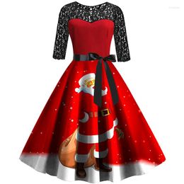 Casual Dresses Women Round Neck Vintage Long Sleeve Christmas Dress Winter Swing Elegant Lacework Party Robe Black Print Year