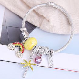 Bangle 2023 Fashion Sweet Cute Diy Bracelet Rainbow Crystal Rust Steel Wire Bracelets Small Tassel Bangles Jewelry Gifts For Women