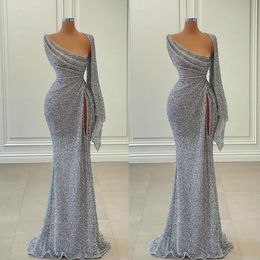 Sparkle Shinny Silver Sequined Evening Dresses Sexy One Shoulder Long Sleeve High Thigh Split Pleats Formal Occasion Celebrity Prom Gowns BC14222