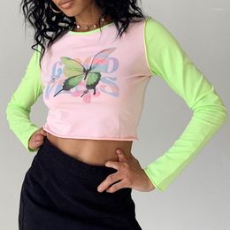 Women's T Shirts Y2K Fairycore Grunge Butterfly Print Crop Top Patched Long Sleeve Pullovers Tees Harajuku Vintage Causal T-shirt Women