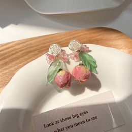 AFSHOR Charm French Light Luxury Long Tassel Pink Tulip Flower Drop Earrings Fairy Exquisite Petal Earrings for Women Wedding Jewelry Gift