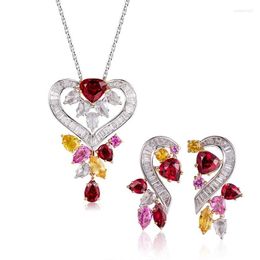 Necklace Earrings Set High Quality Heart Jewellery Inlay Colorful Zircon Fine Piercing Stud Earrings/Pendant For Women Wedding Engagement