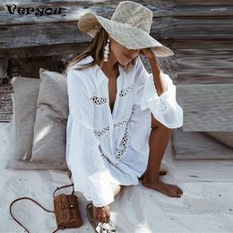 Casual Dresses 2023 Women Swimsuit Cover Ups Mandarin Sleeve Kaftan Beach Tunic Dress Robe De Plage Solid White Pareo Cover-ups