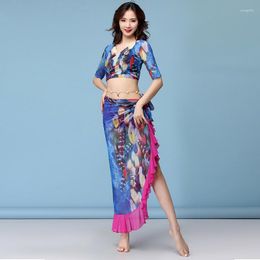 Stage Wear Fashion Women Dance Clothing Class Spandex Stretchy Colorful Tie-dye Peacocks Belly Costume Top Skirt 2pcs