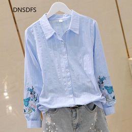 Women's Blouses Shirts Embroidery Shirt Simple White Blue Floral Women Tops Lapel Long Sleeve Blouse Casual Classic Clothes Button Up Shirts Cotton Top 230317