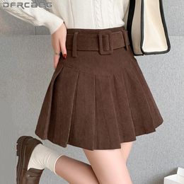 Skirts Preppy Style Vintage Corduroy Short Skirt With Belt 2023 High Waist Casual Japanese Pleated Saias Woman Ball Gown Brown