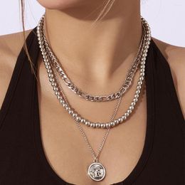 Choker Silver Multi-Layer Beads Long Chain Necklace Punk Portrait Pendant For Women Men Metal Chains Hip Hop Goth Jewellery Gift