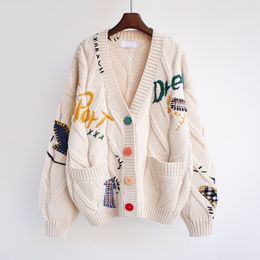 Women's Knits Tees Fashion Knitted Cardigan Sweater Casual Lazy Loose Twist Embroidered Letter Coat Oversized Cardigans Korea 230317