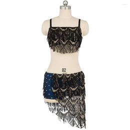 Stage Wear Women Dance Oriental Style Belly Fringes Hip Scarf Sequins Costume Set Bra & Shorts