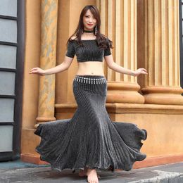 Stage Wear 2023 Women Belly Dance Clothing Sexy Dancewear Spandex Suit Fishtail Skirt Bellydance Costume Set With Necklace