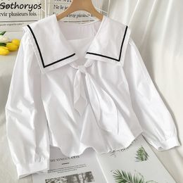 Women's Blouses Shirts Sailor Collar Blouses Women France Style Bow Puff Sleeve Patchwork Shirts Elegant Casual Chic Fashion Design Simple Students 230317