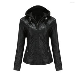 Women's Leather Motorcycle Coat For Women With Hood Faux Jacket Moto Biker Zipper Plus Big Large Size 4xl 5xl 6xl 7xl Black