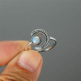 Band Rings Female Small Moonstone Open Adjustable Ring Silver Colour Bridal Engagement Ring Vintage Zircon Stone Wedding Rings For Women G230317