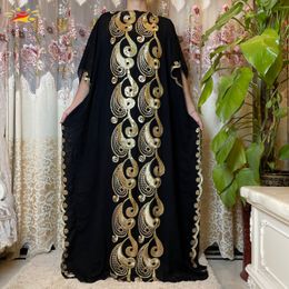 Ethnic Clothing Arrival African Embroidery Flower Dresse With Scarf Big Size Women Muslim Sequin Long Black Lady Clothes 230317