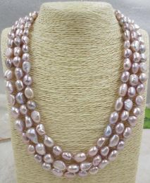 Chains 3 Row Purple Baroque 8-10mm Genuine Freshwater Pearl Necklace 42cm