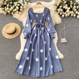 Casual Dresses Polka Dot Dress Women Clothing Elegant Vintage Autumn Square Neck Long Sleeve Shirred Midi With Belt